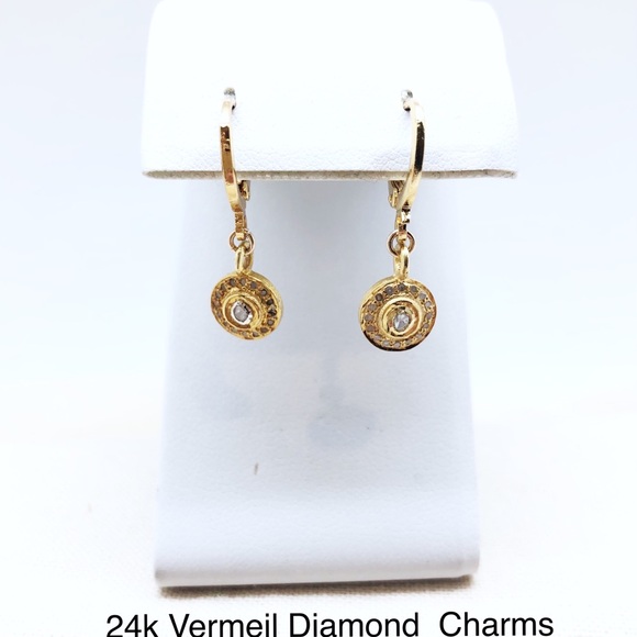 Diamond Disc Dangle Lever Back Hoops Earrings Gold Vermeil & Sterling Silver NWT - Picture 6 of 8